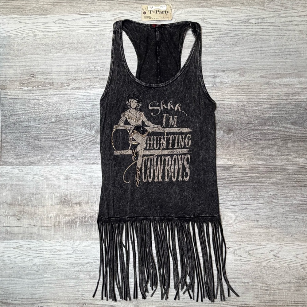T Party Fashion Charcoal I’m Hunting Cowboys Racer Back Fringe Tank Top W Size M